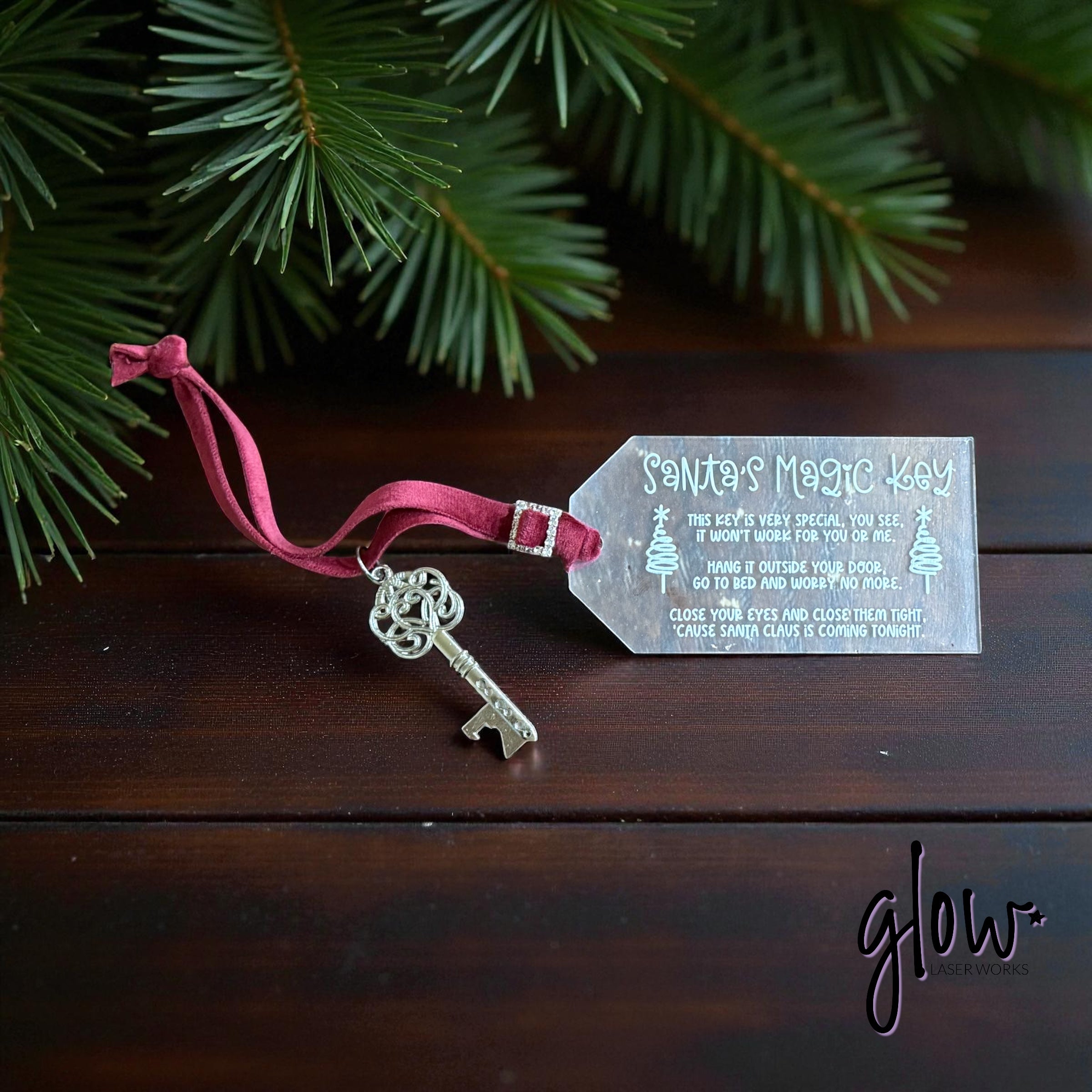 Santa’s Magic Key Tag – Glitter or Frosted Acrylic | Velvet Ribbon, Rhinestone Buckle & Silver Key | Christmas Eve Tradition