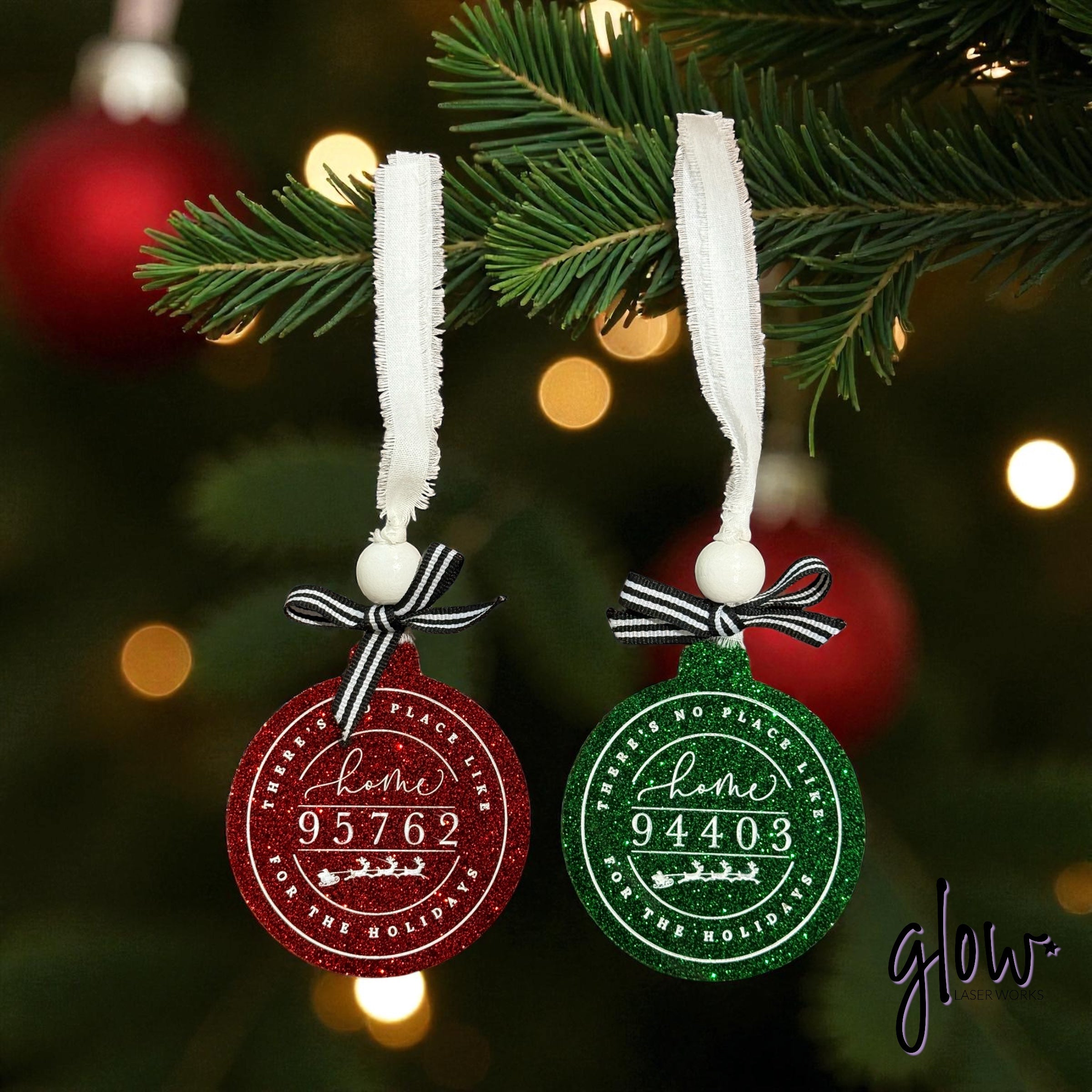 Personalized Glitter Acrylic Zip Code Ornament – “There’s No Place Like Home for the Holidays” – Laser Engraved and Hand-Painted