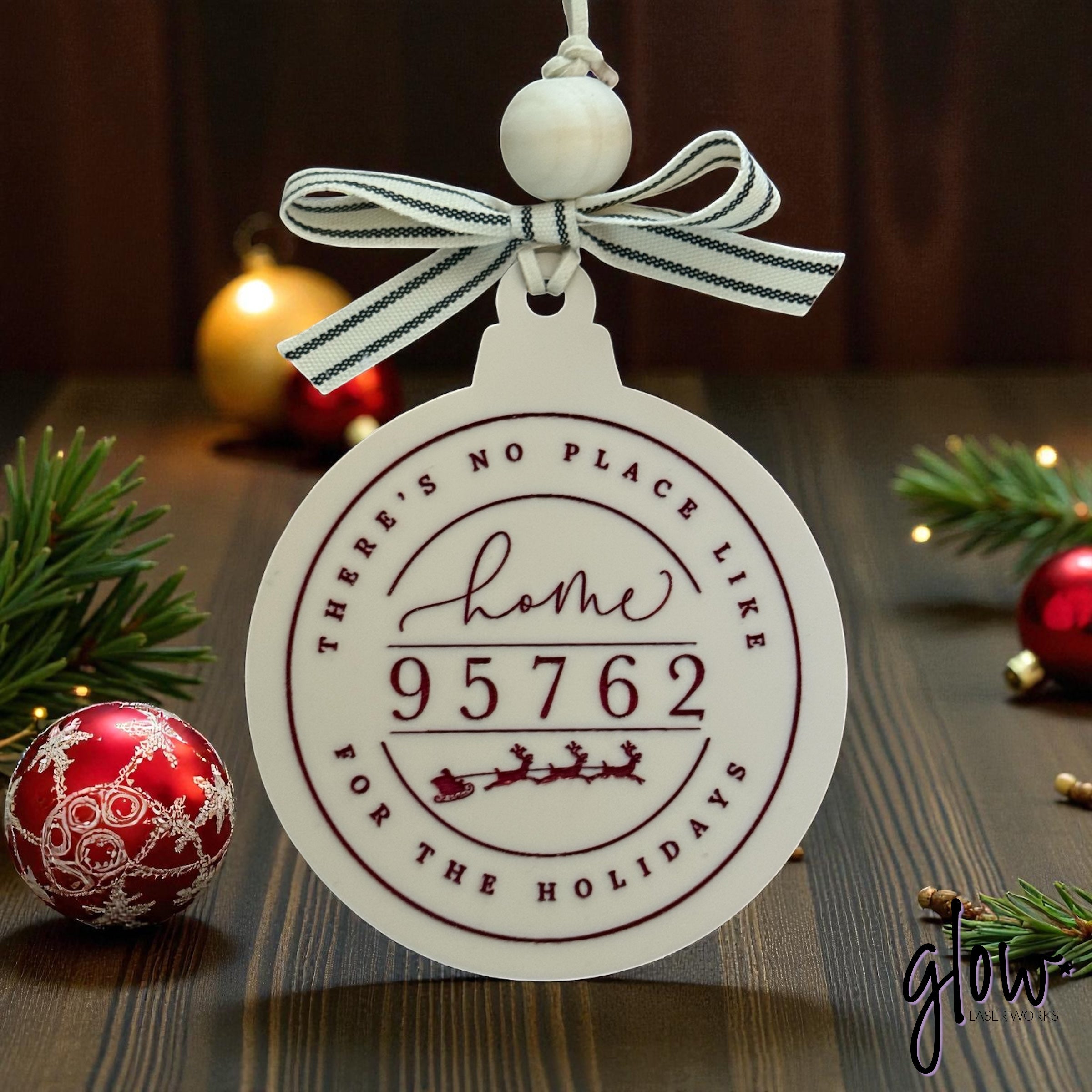 “There’s No Place Like Home for the Holidays” Personalized Zip Code Ornament – Cream Acrylic, Hand-Painted, Custom Keepsake
