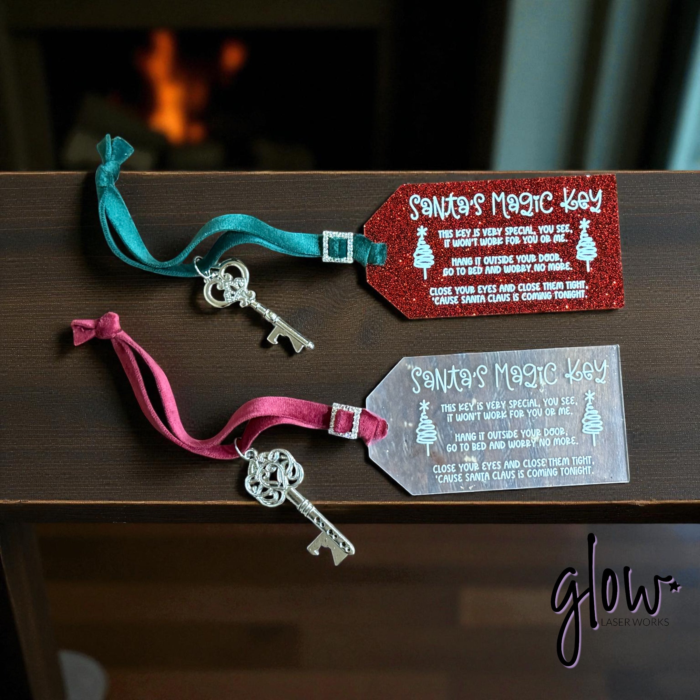 Santa’s Magic Key Tag – Glitter or Frosted Acrylic | Velvet Ribbon, Rhinestone Buckle & Silver Key | Christmas Eve Tradition