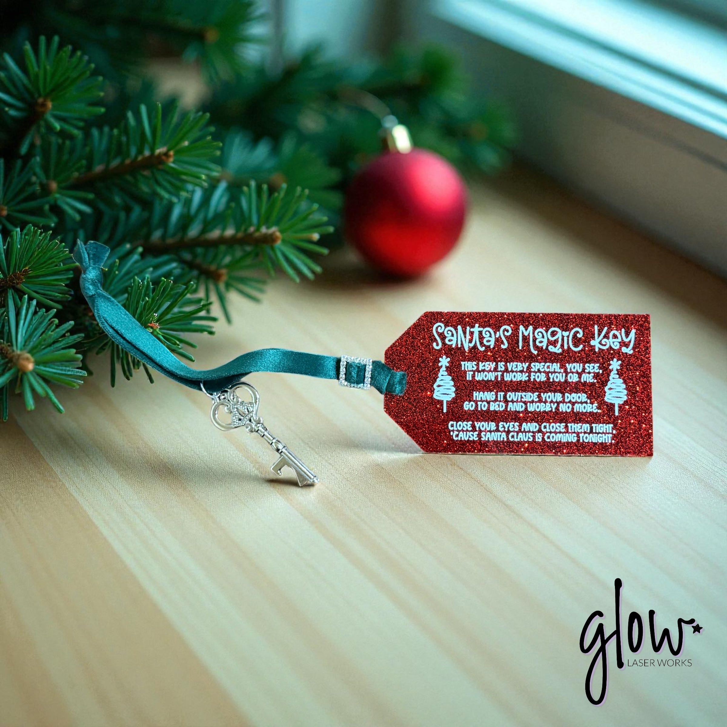 Santa’s Magic Key Tag – Glitter or Frosted Acrylic | Velvet Ribbon, Rhinestone Buckle & Silver Key | Christmas Eve Tradition