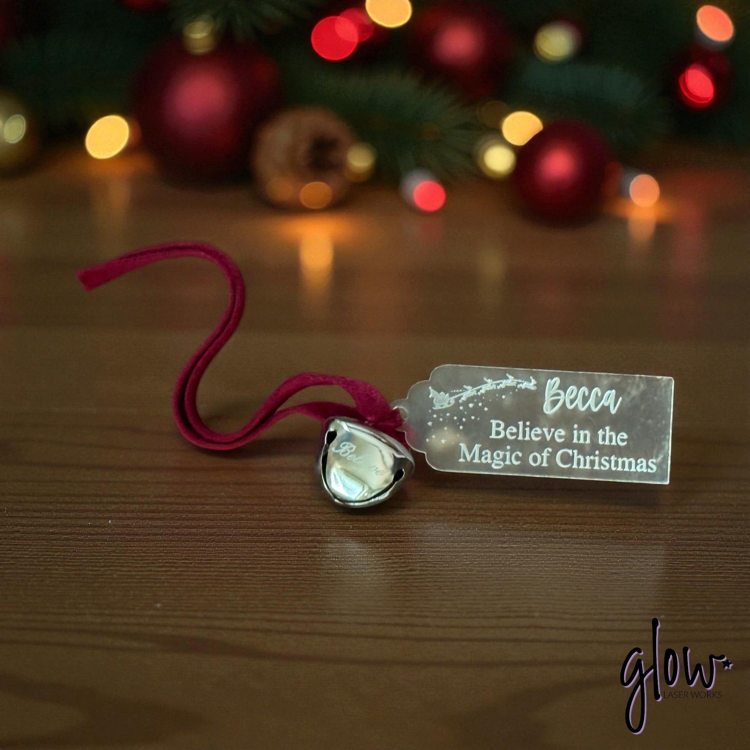 Personalized “Believe in the Magic of Christmas” Tag with Bell – Laser Engraved Acrylic Gift Tag or Ornament