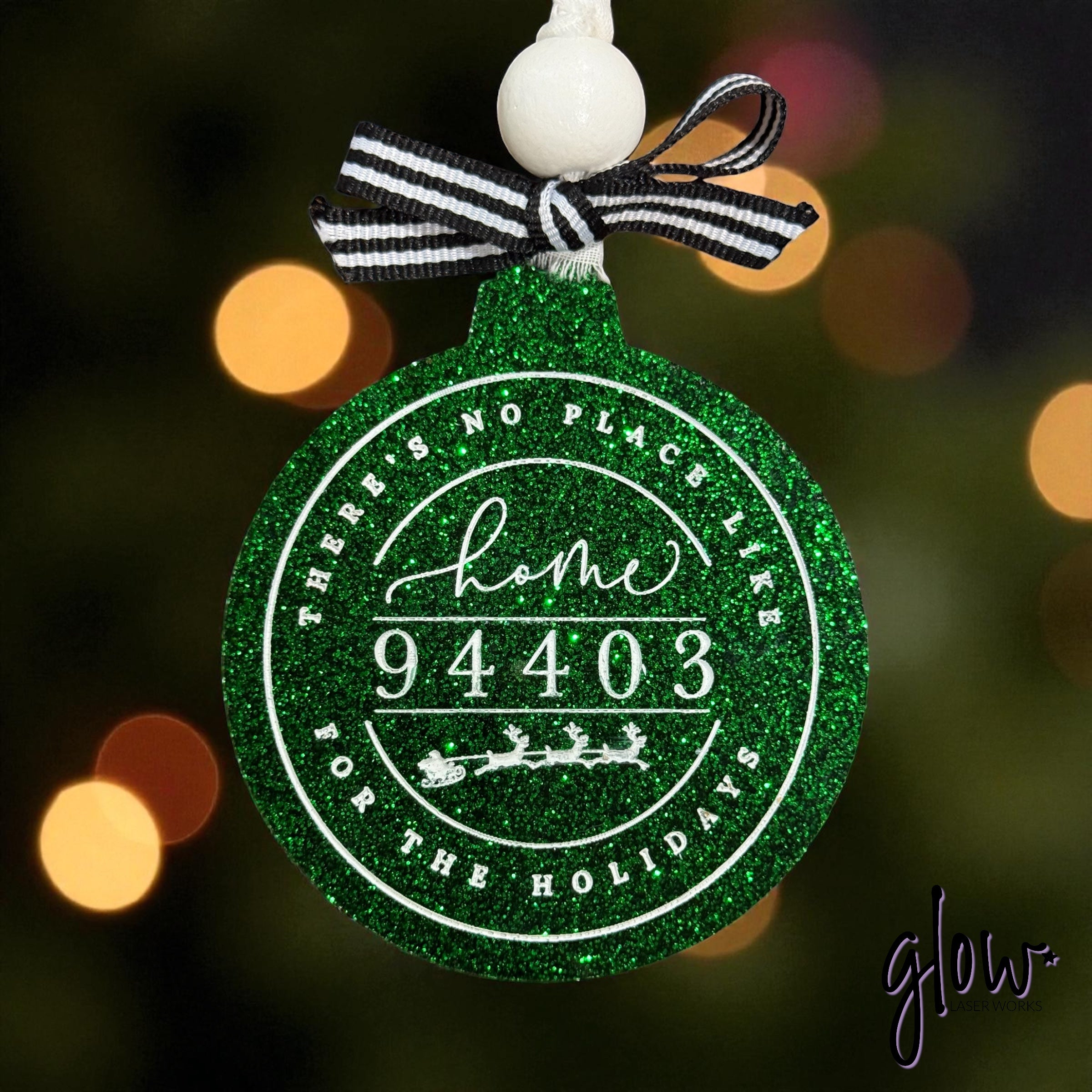 Personalized Glitter Acrylic Zip Code Ornament – “There’s No Place Like Home for the Holidays” – Laser Engraved and Hand-Painted