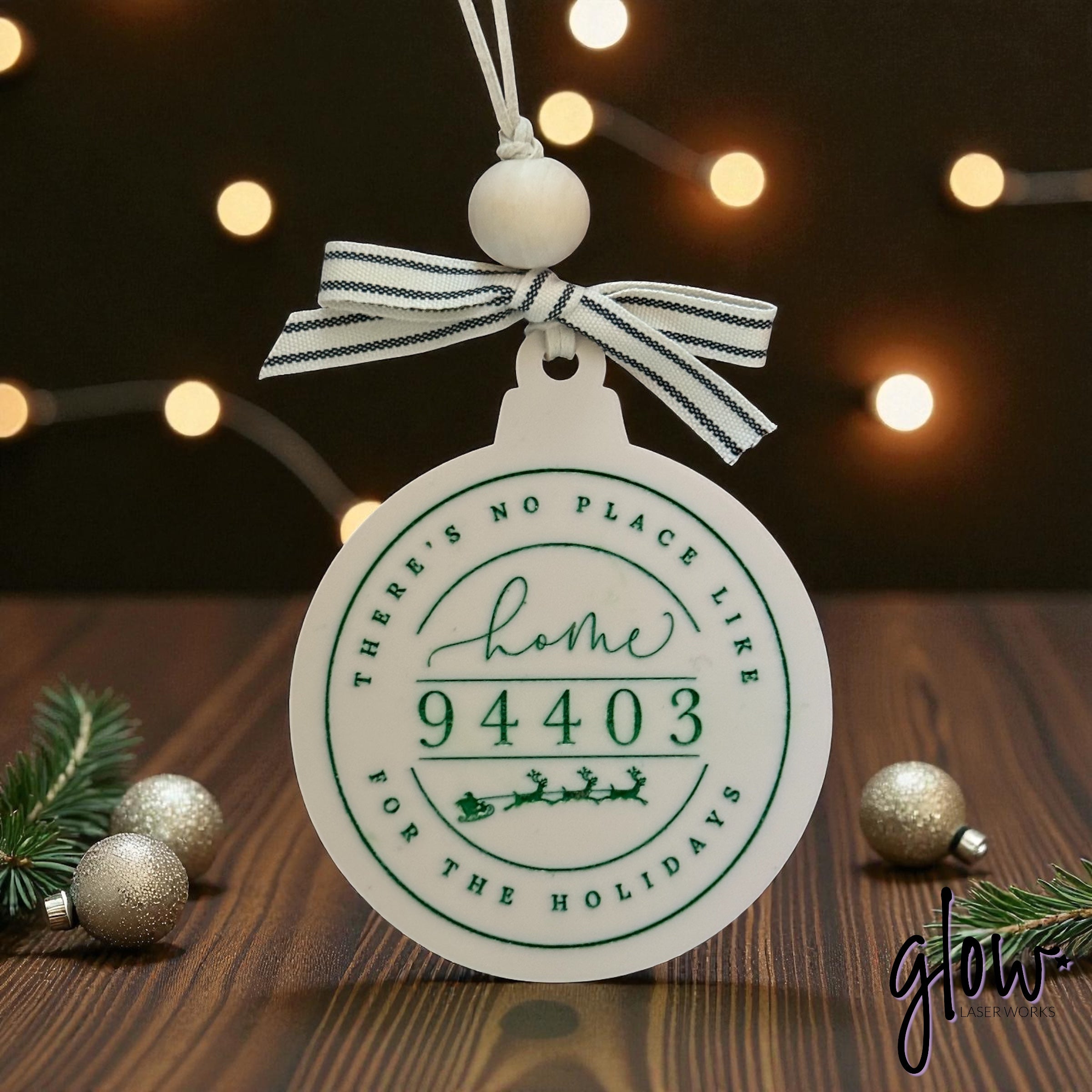 “There’s No Place Like Home for the Holidays” Personalized Zip Code Ornament – Cream Acrylic, Hand-Painted, Custom Keepsake