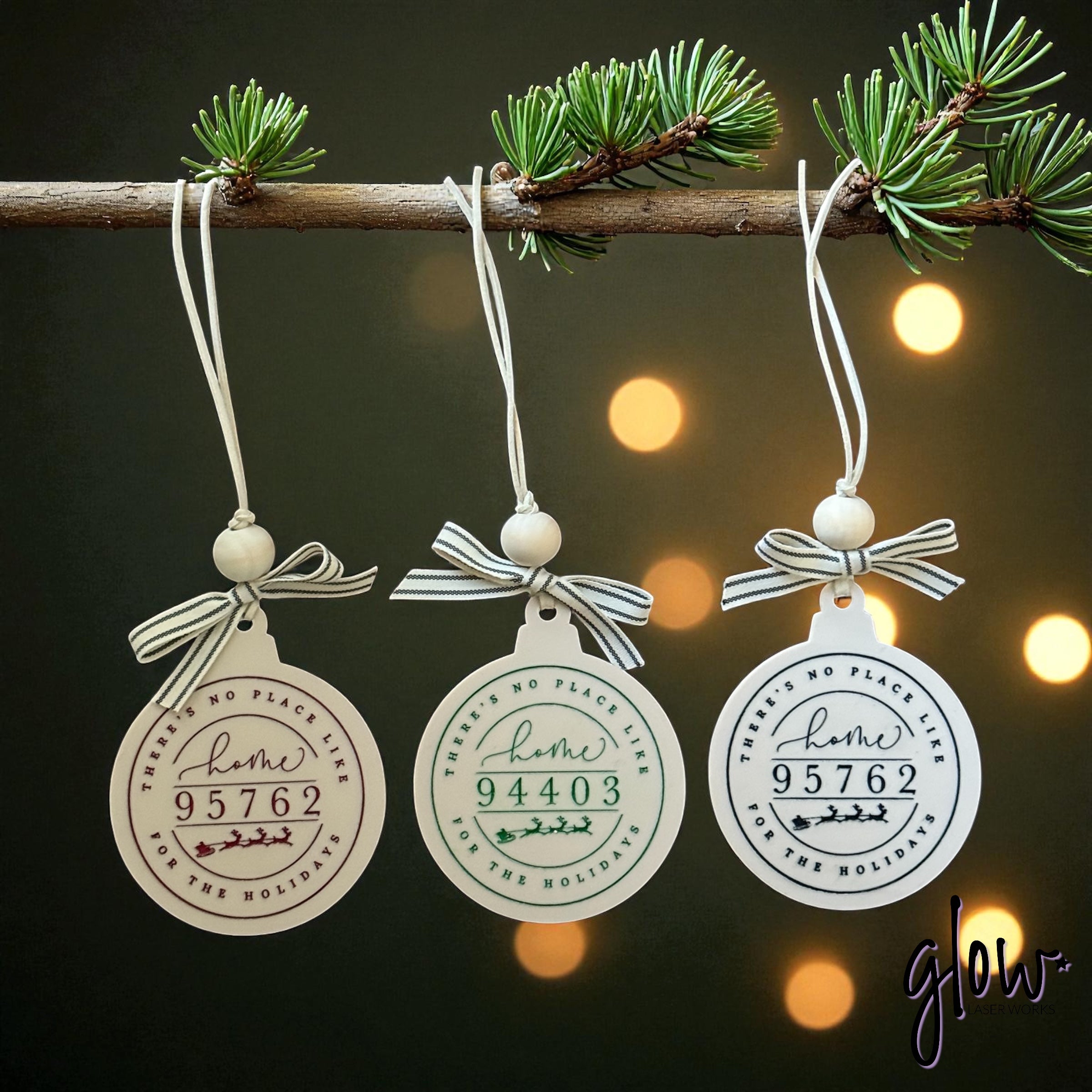 “There’s No Place Like Home for the Holidays” Personalized Zip Code Ornament – Cream Acrylic, Hand-Painted, Custom Keepsake