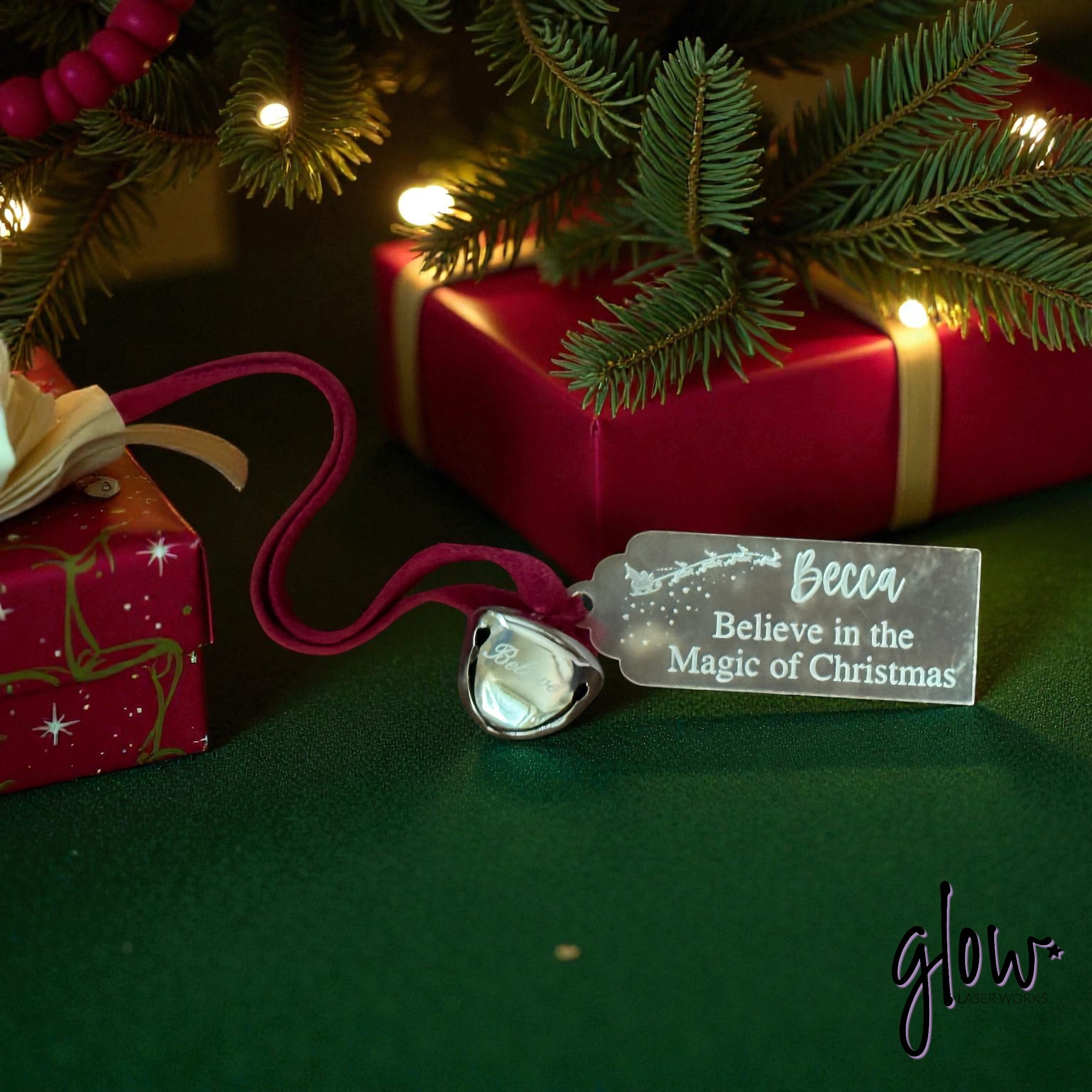 Personalized “Believe in the Magic of Christmas” Tag with Bell – Laser Engraved Acrylic Gift Tag or Ornament
