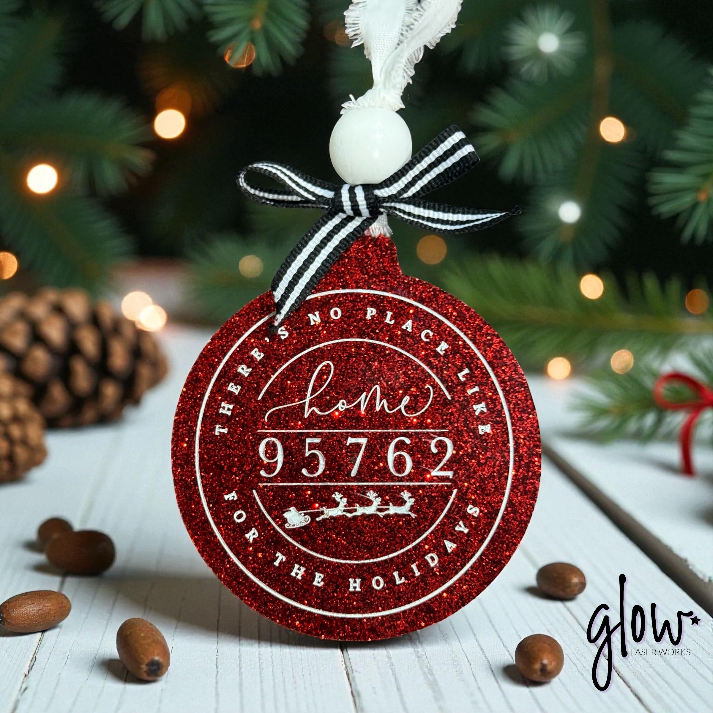 Personalized Glitter Acrylic Zip Code Ornament – “There’s No Place Like Home for the Holidays” – Laser Engraved and Hand-Painted
