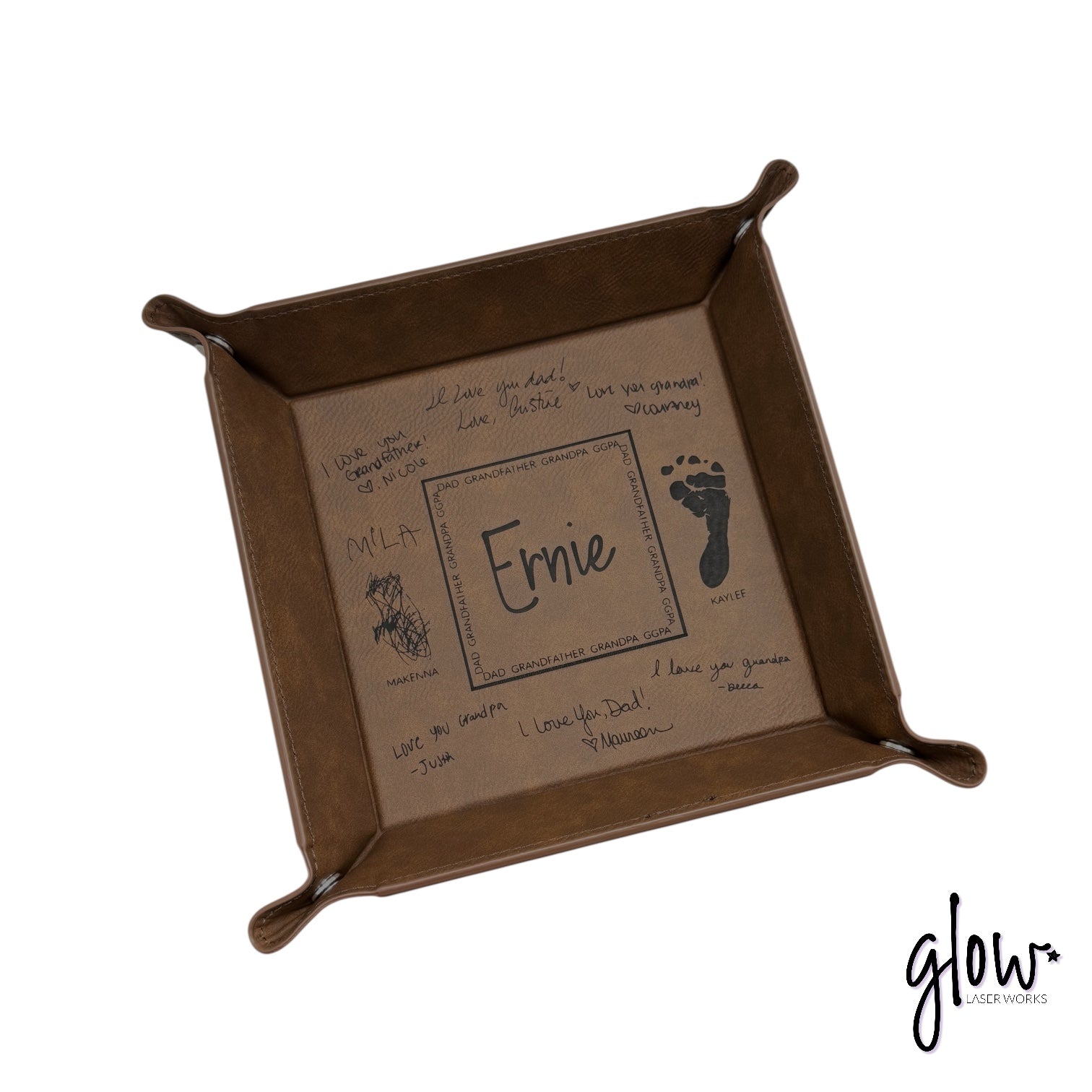 "Handwritten Notes" Engraved Leatherette Snap Valet Tray 6”x6”