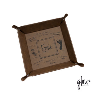 "Handwritten Notes" Engraved Leatherette Snap Valet Tray 6”x6”