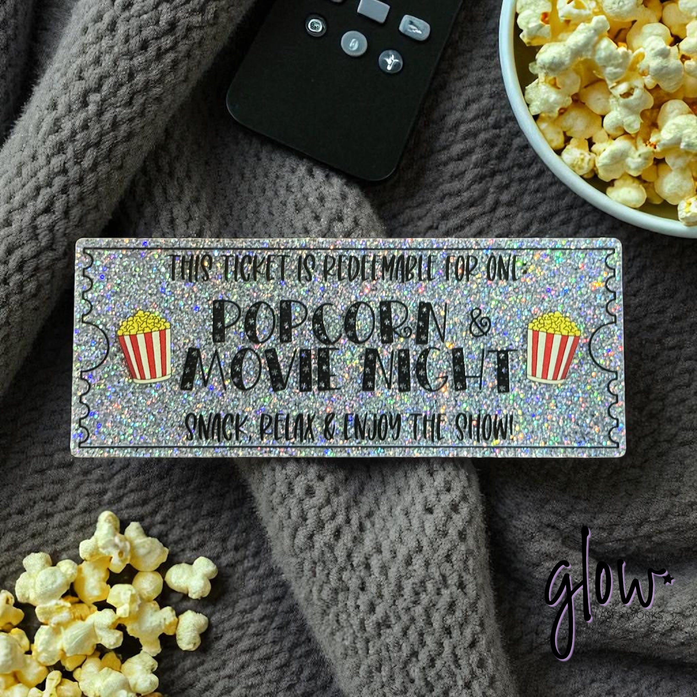 Popcorn & Movie Night Ticket – Glitter Acrylic Keepsake | Laser Cut & UV Printed Family Gift Token