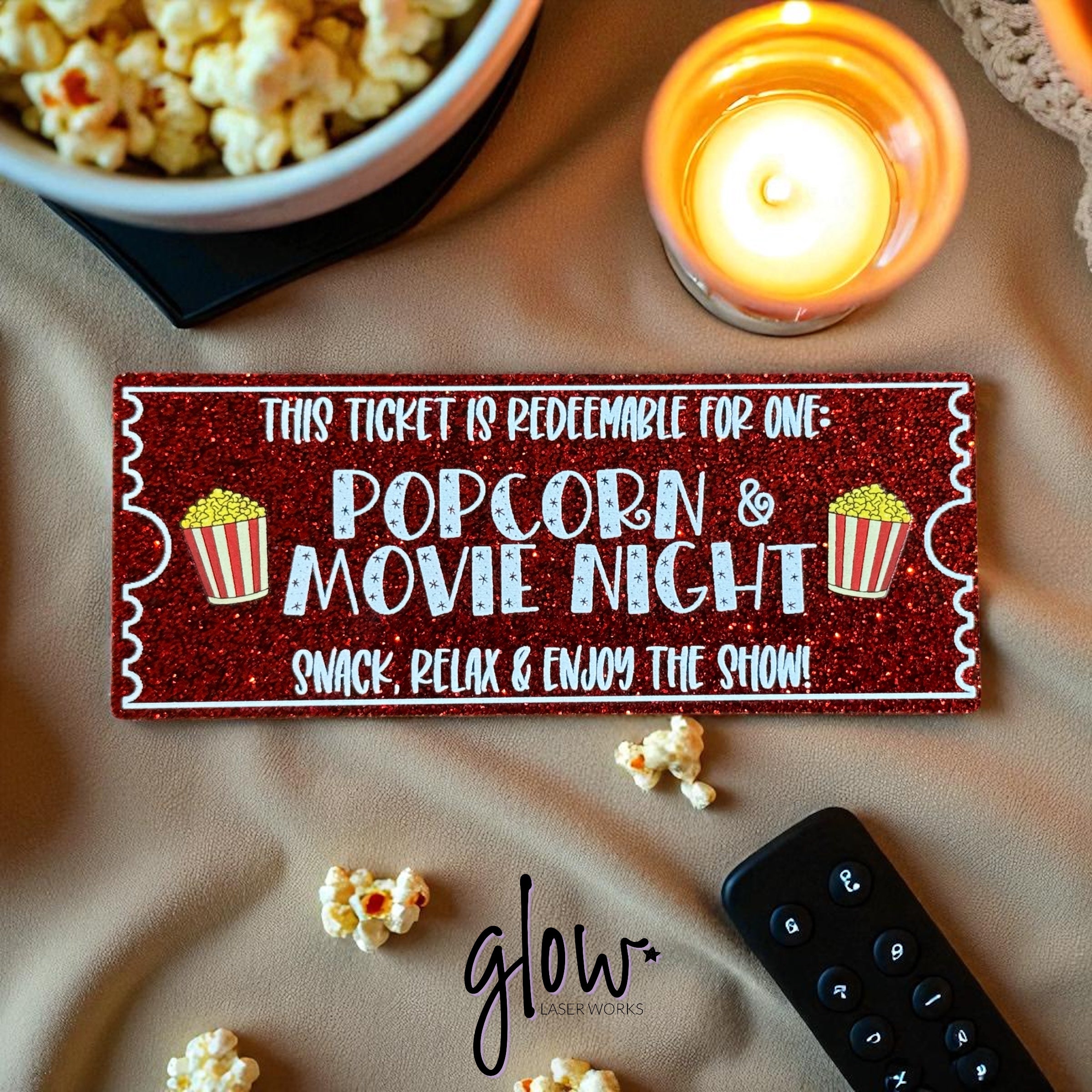 Popcorn & Movie Night Ticket – Glitter Acrylic Keepsake | Laser Cut & UV Printed Family Gift Token