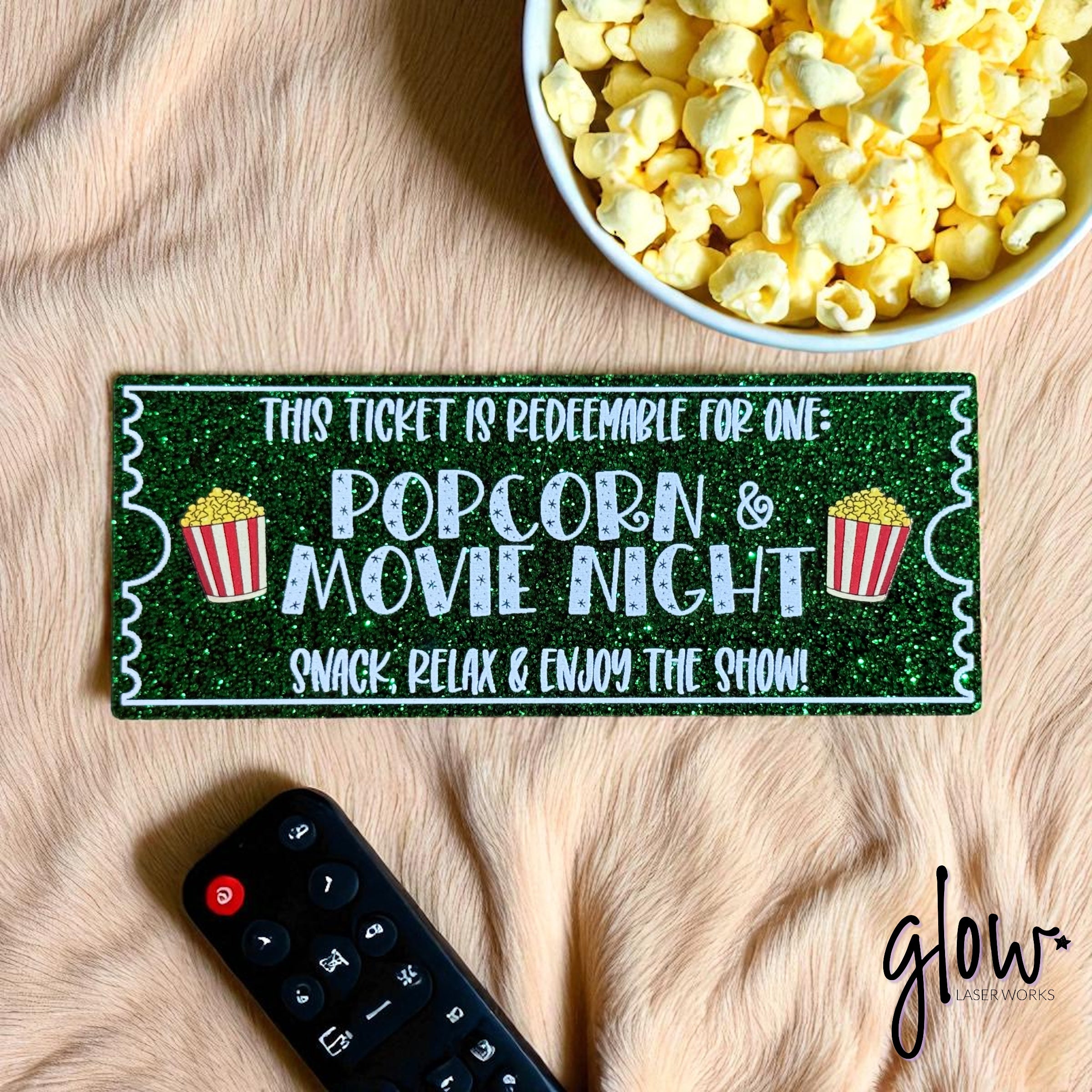 Popcorn & Movie Night Ticket – Glitter Acrylic Keepsake | Laser Cut & UV Printed Family Gift Token