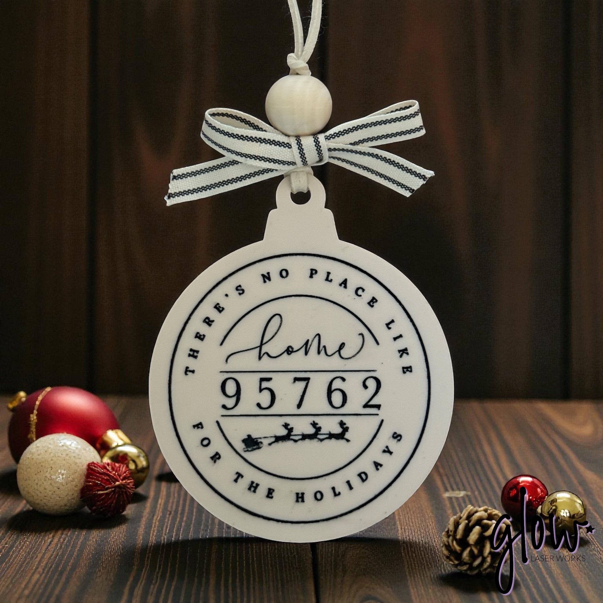 “There’s No Place Like Home for the Holidays” Personalized Zip Code Ornament – Cream Acrylic, Hand-Painted, Custom Keepsake
