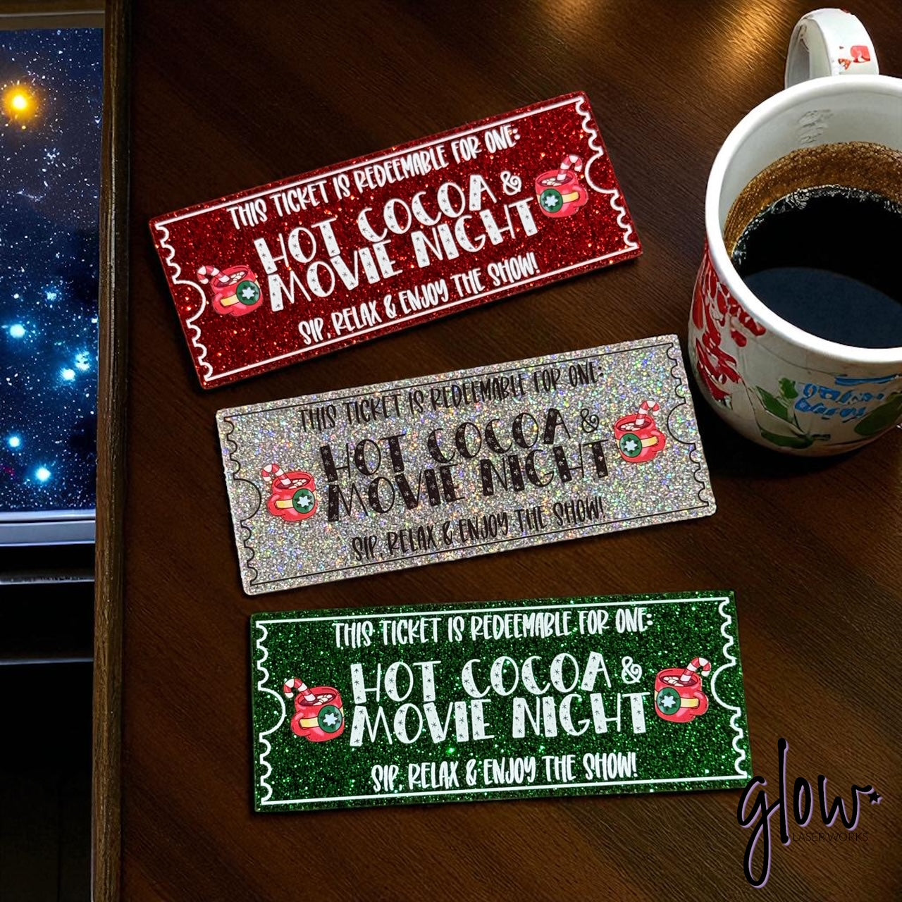 Hot Cocoa & Movie Night Ticket – Glitter Acrylic Keepsake | Laser Cut & UV Printed Family Gift Token