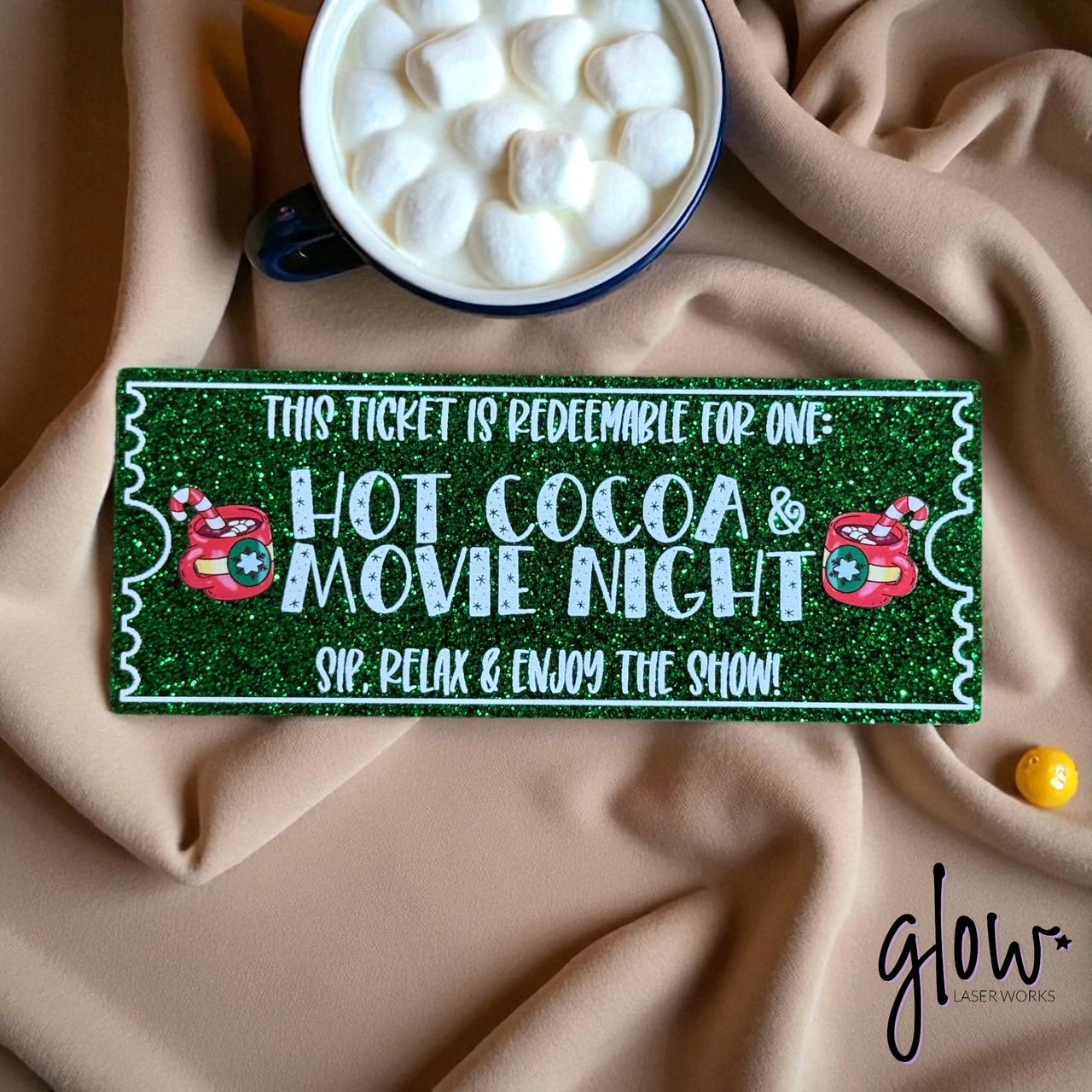 Hot Cocoa & Movie Night Ticket – Glitter Acrylic Keepsake | Laser Cut & UV Printed Family Gift Token